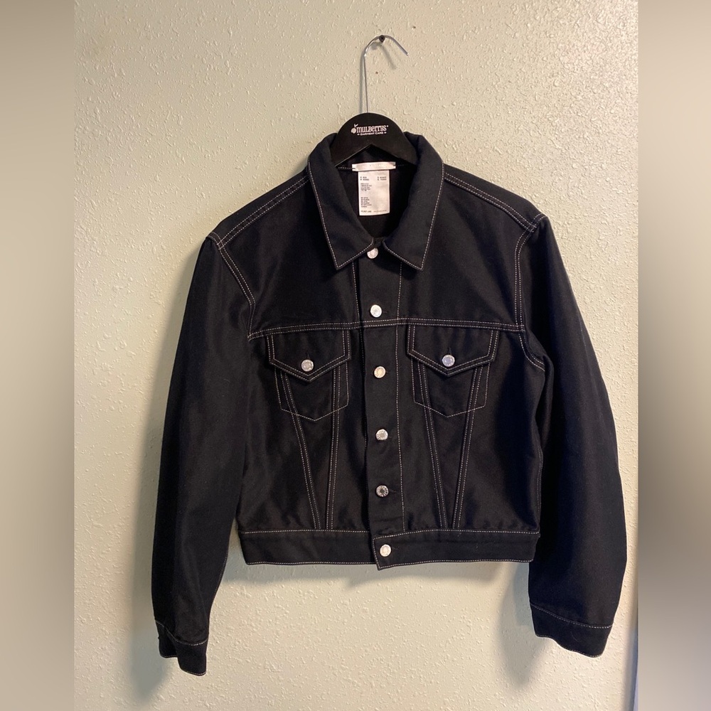 Helmut Lang Black Denim Trucker Jacket with White Contrast Stitching